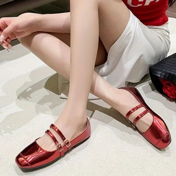 Womens Cherry Red Metallic Square Toe Double Strap Mary Jane Shoes/flats sz 11.5 - Picture 1 of 11